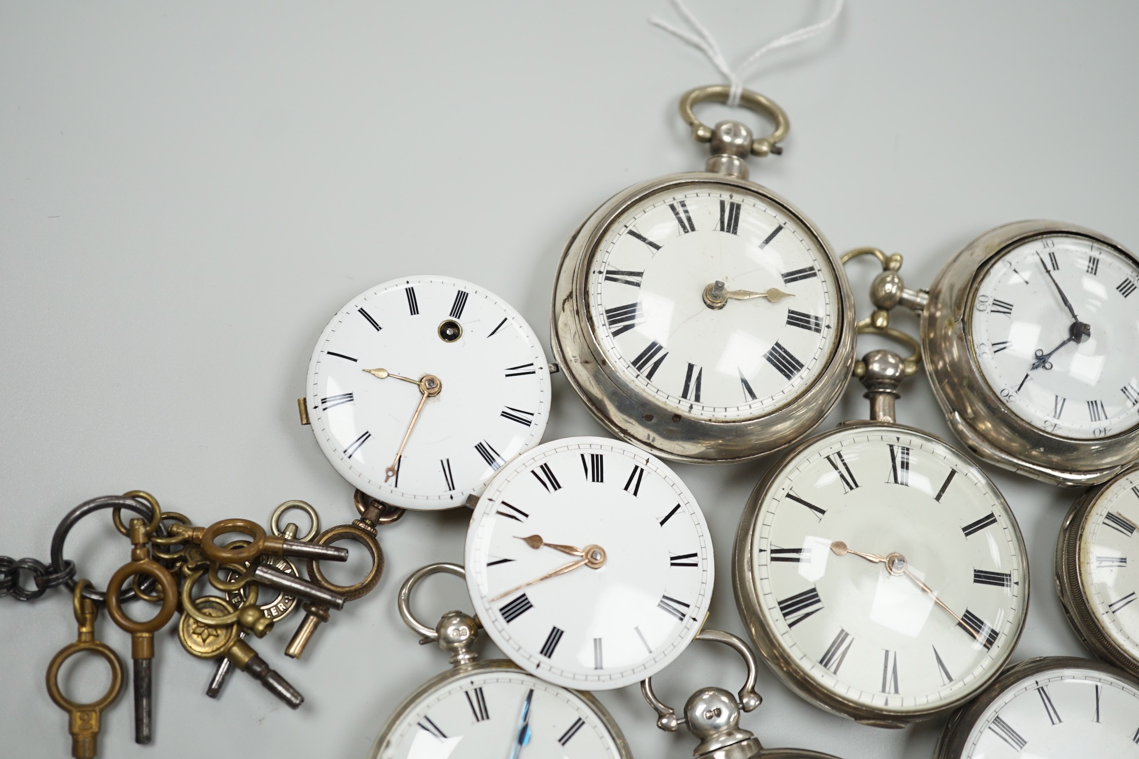 A collection of eight assorted mainly 19th century silver cased pocket watches, all by Lewes makers, including Tanner, Reeves, Tanner & Son, Skinner, Soloman, Davey and Sons, William Tanner and Richard Comber but surname